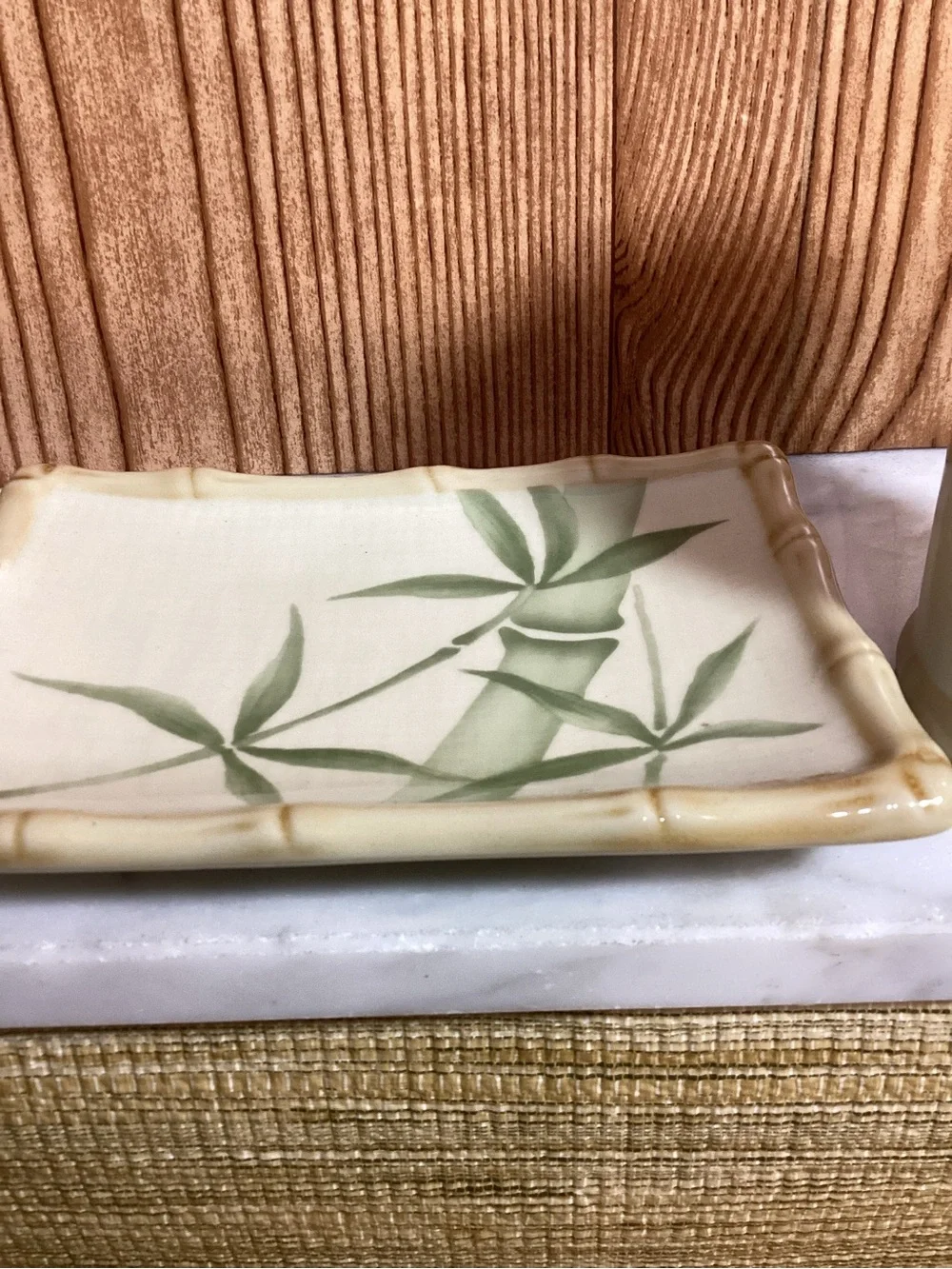 Vintage Croscill Bamboo Motif Ceramic Soap Dish and Cup - Green on Cream